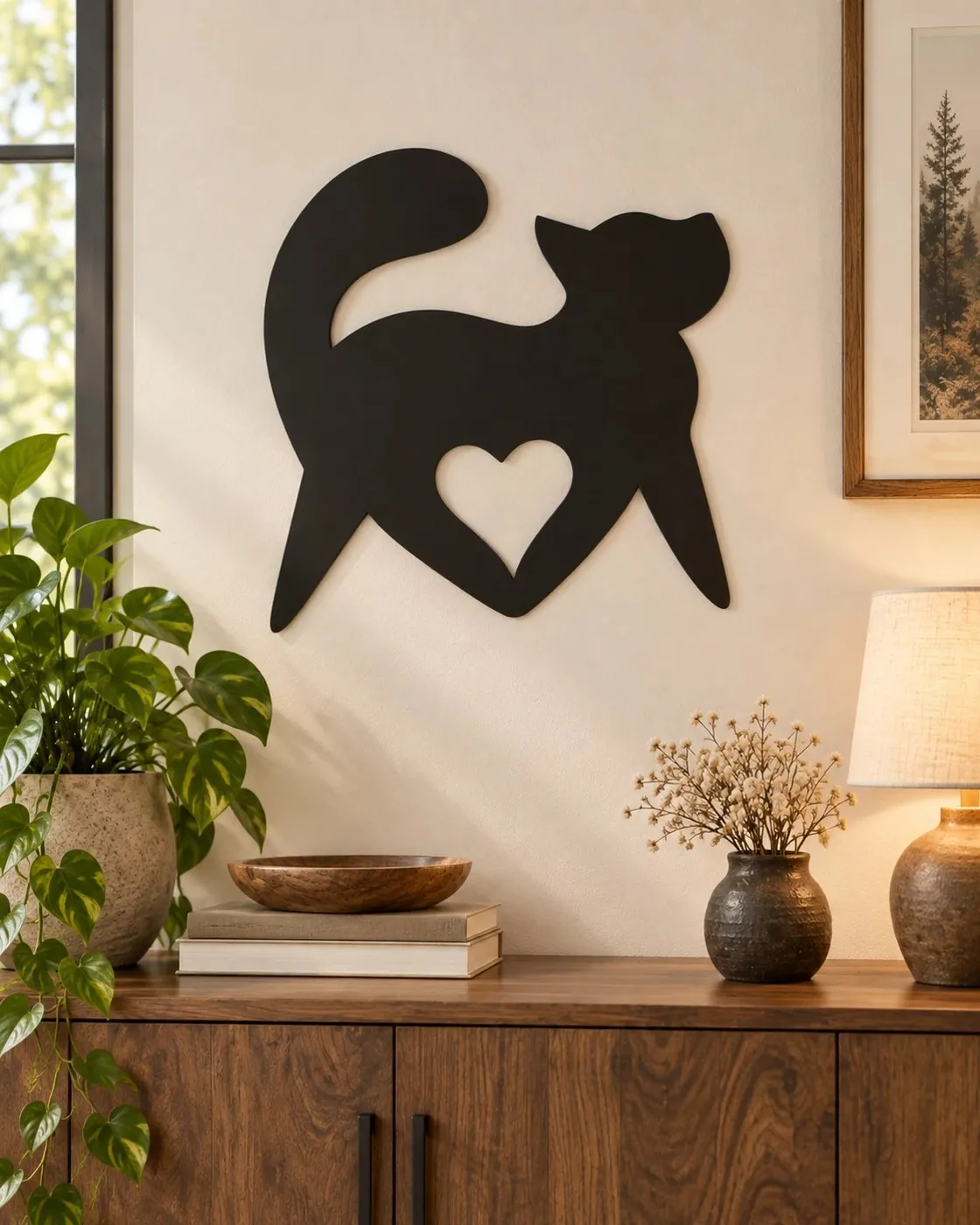 Cat Got Your Heart: matte-black steel cat silhouette mid-stretch with a heart cut out, above a sideboard