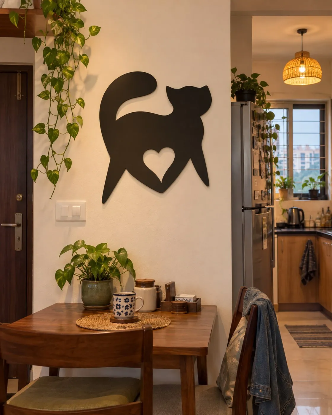 Cat Got Your Heart: black steel cat with a heart cut out, on a dining-room wall