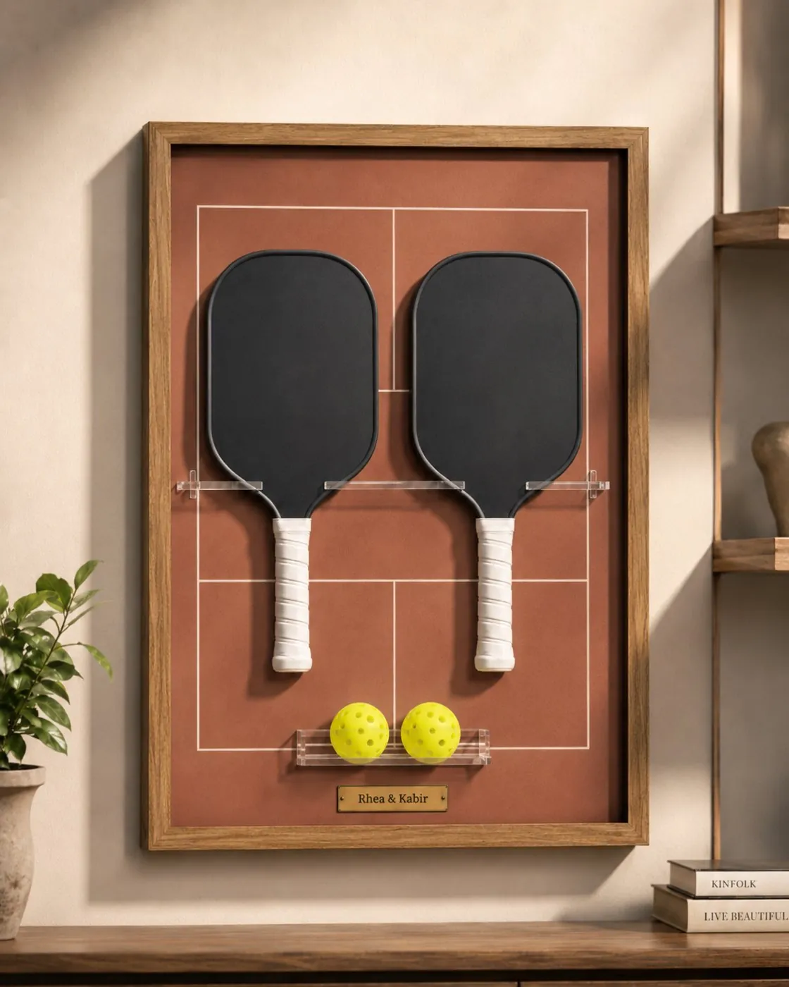 Pickleball Shadow Box with two paddles and balls, hanging on a wall at home