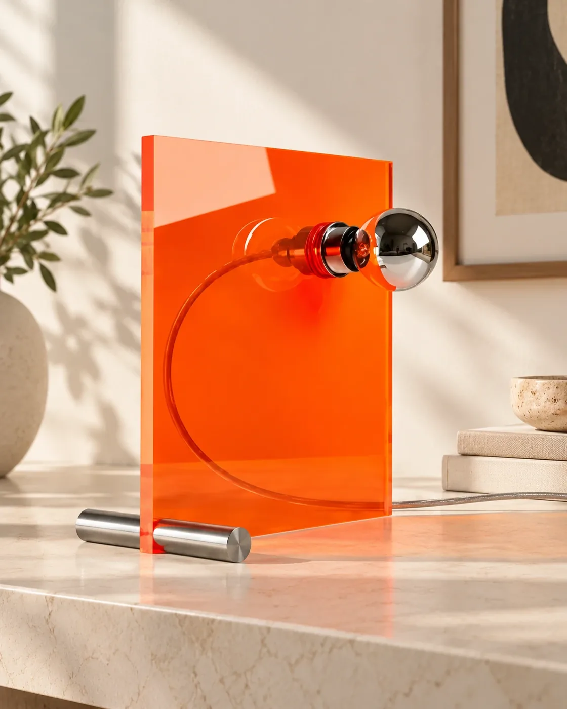 Acrylic Lamp: fluorescent orange acrylic table lamp with a mirror-tipped bulb arching over the top (view 1)