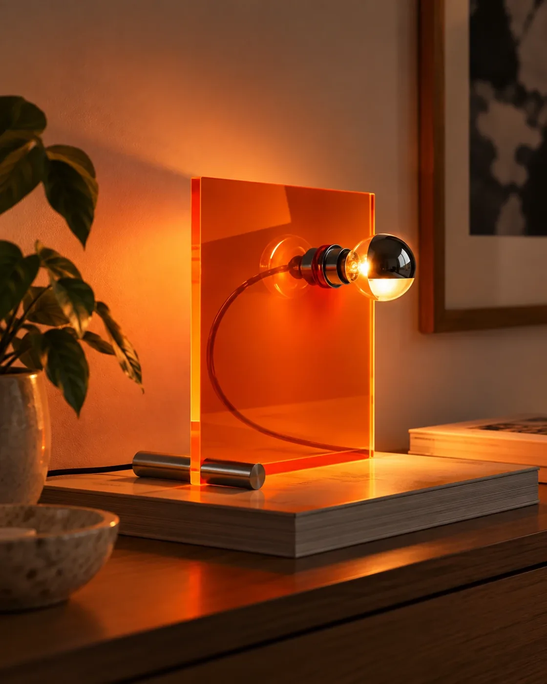 Acrylic Lamp: fluorescent orange acrylic table lamp glowing on a desk (view 2)