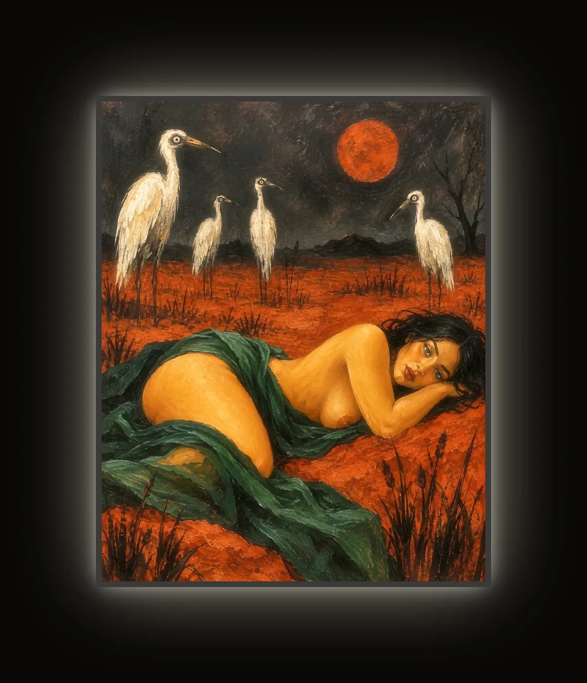 Blood Moon: egrets under a red moon, backlit art print in an LED slim frame (lit)