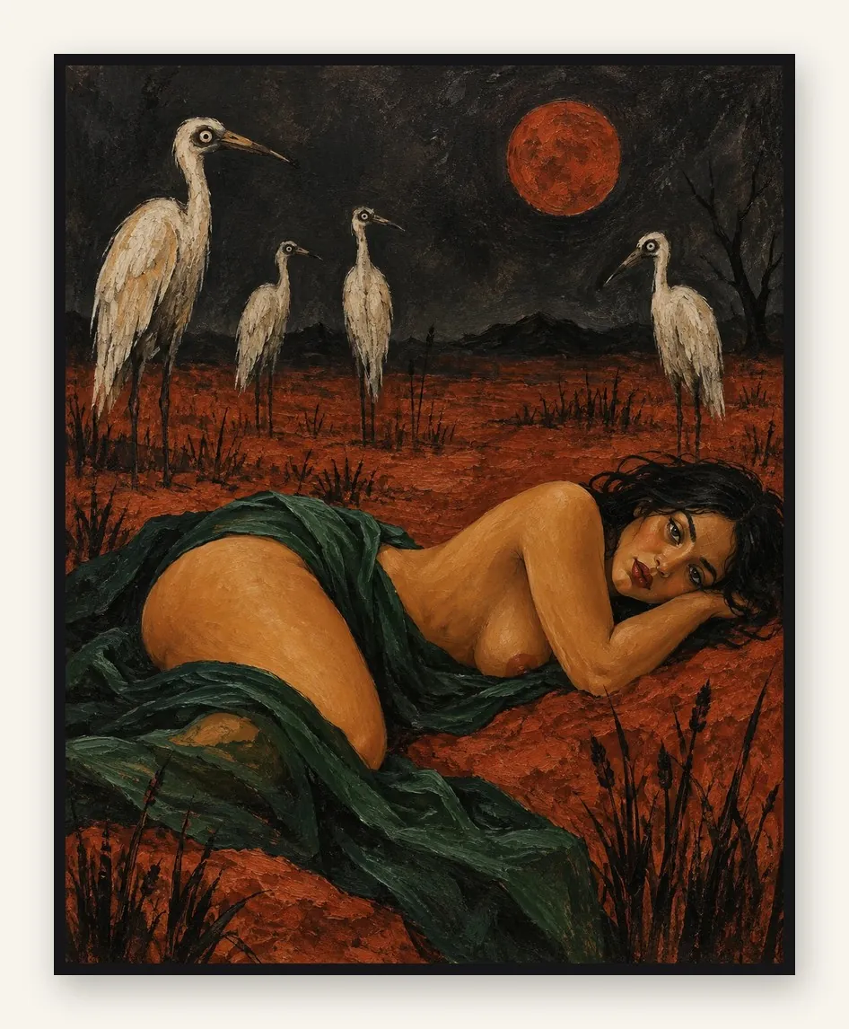 Blood Moon: reclining figure and egrets under a red moon, art print in an LED slim frame (unlit)