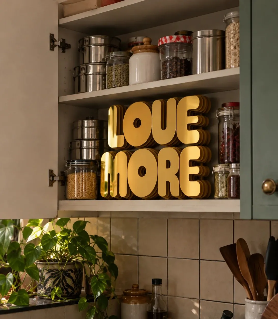 Love More: mirror-gold LOVE MORE letters above a kitchen counter