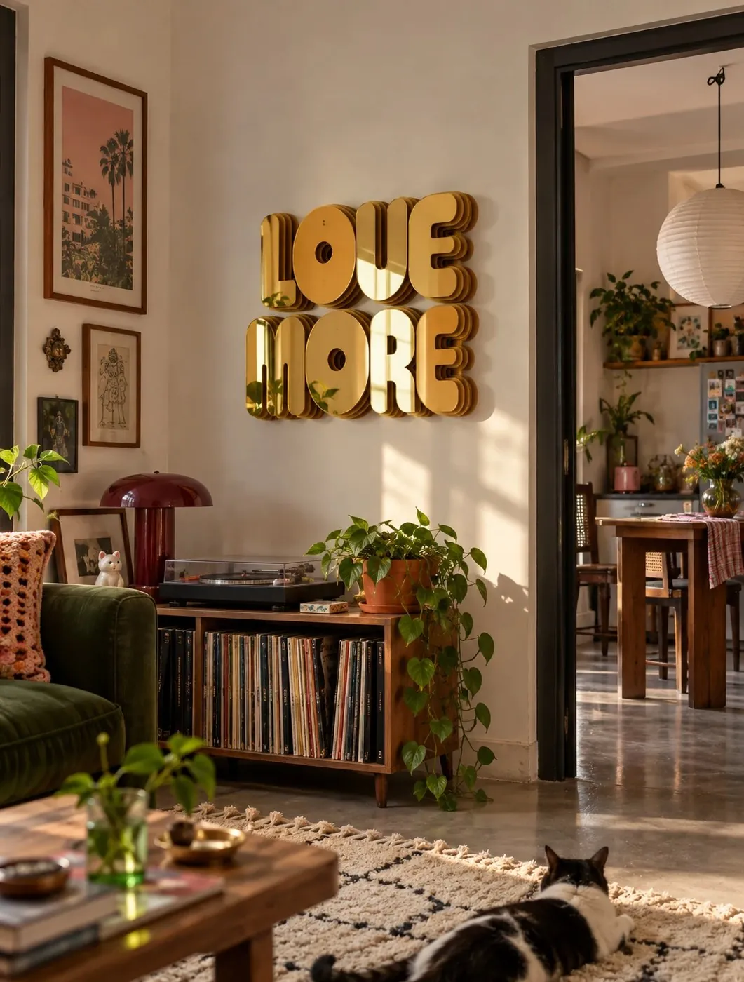Love More: chunky mirror-gold LOVE MORE letters on a living-room wall