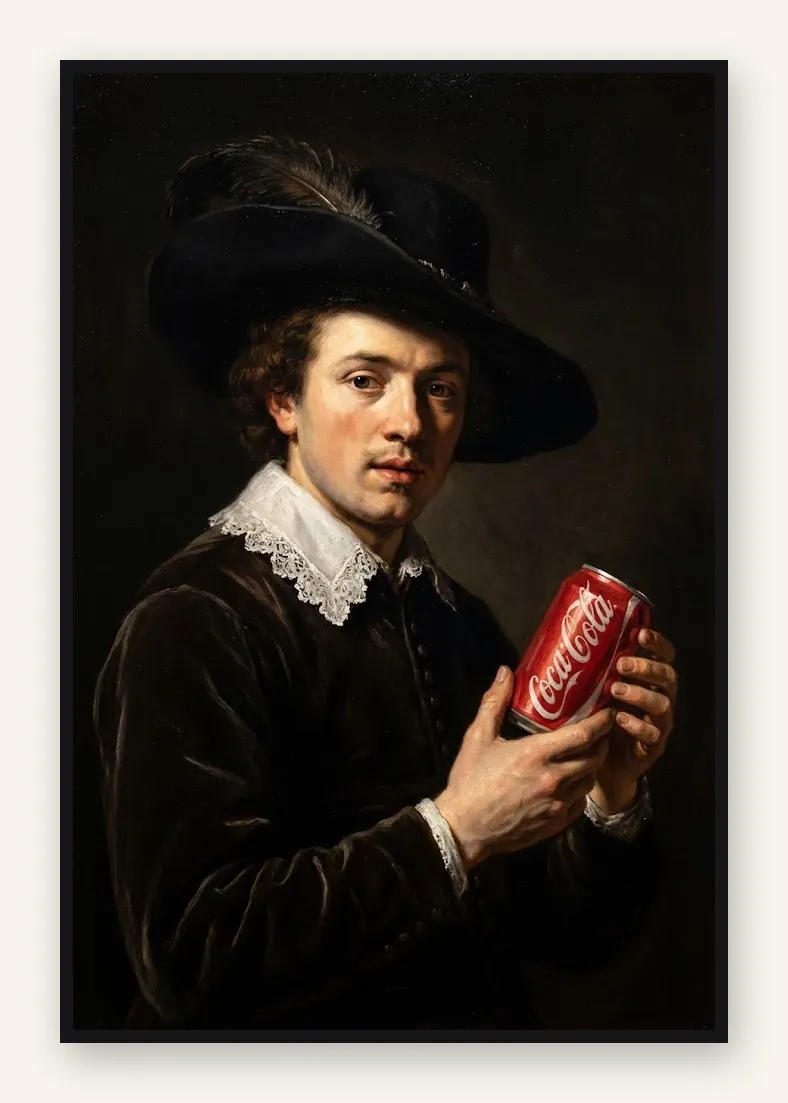 Old Habits: old-master portrait of a man in a hat and lace collar holding a red drinks can, in an LED slim frame (unlit)