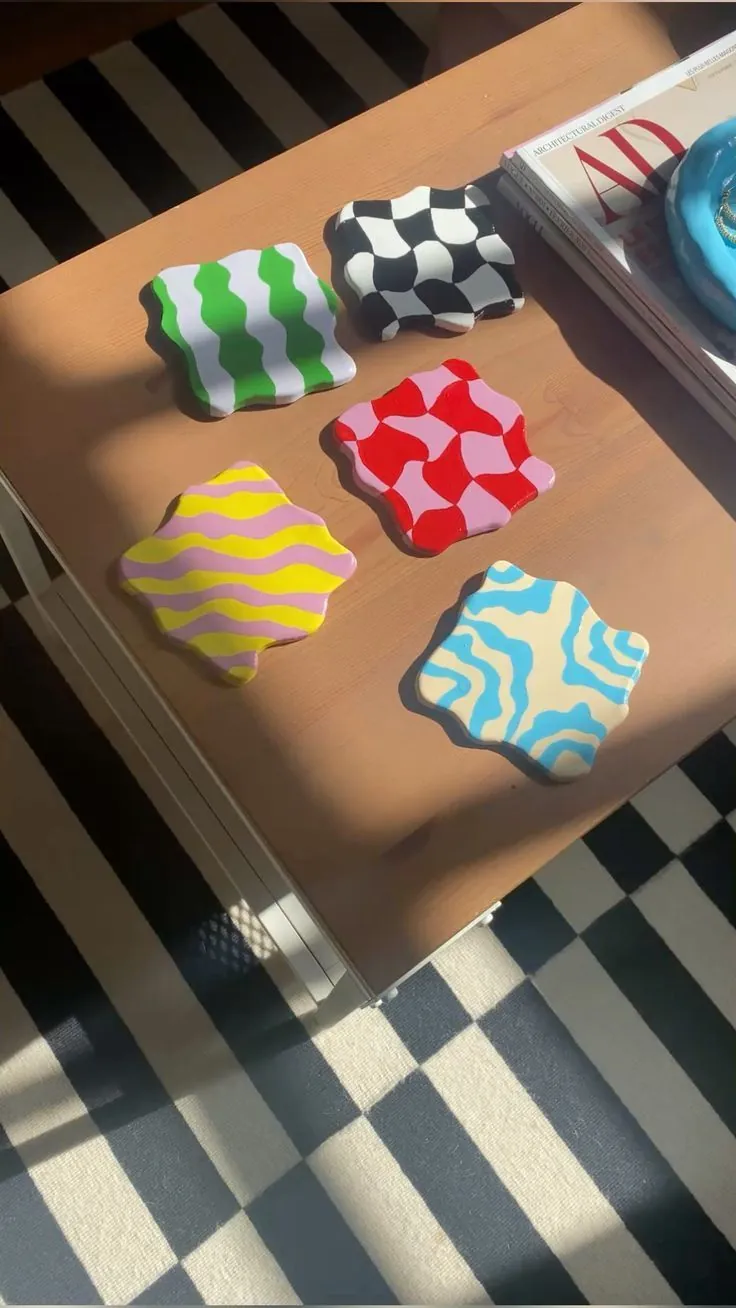 Patterned Coasters: four wavy-edged patterned resin coasters with cork bases