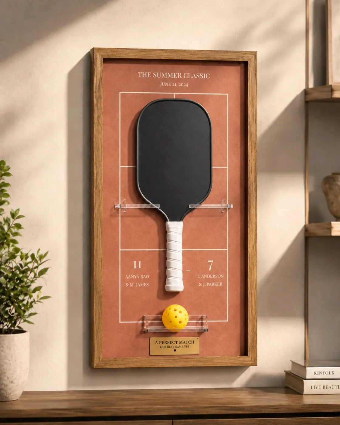 Pickleball Shadow Box: oak shadow box framing a pickleball paddle and ball over clay court lines