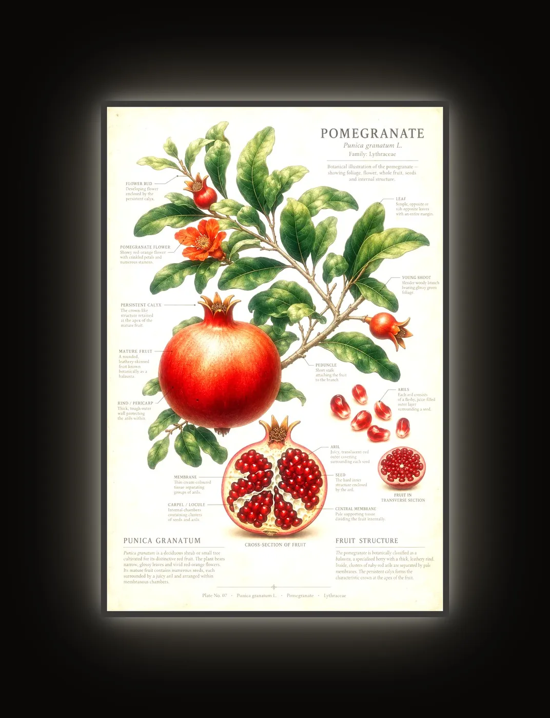 Pomegranate Study: botanical pomegranate print in an LED slim frame (lit)