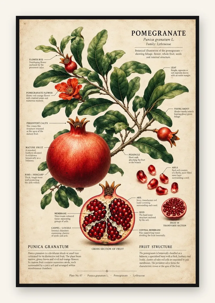 Pomegranate Study: botanical pomegranate print in an LED slim frame (unlit)