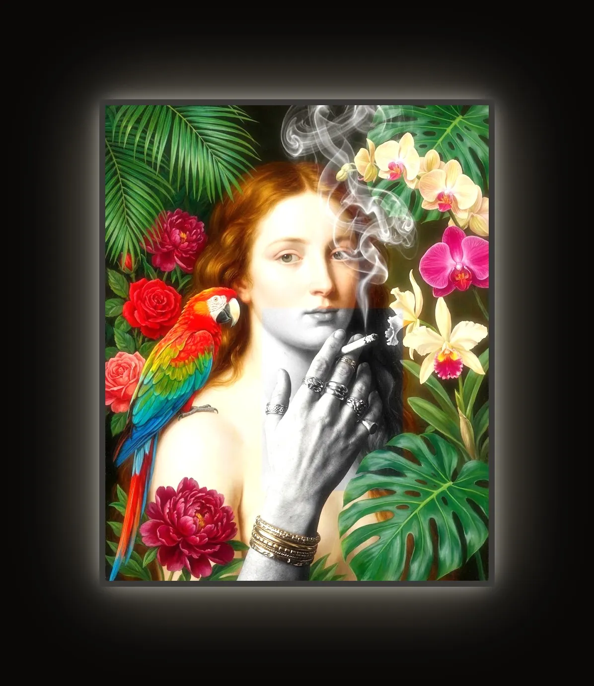 Smoke & Feathers: collage portrait with a parrot and orchids in an LED slim frame (lit)