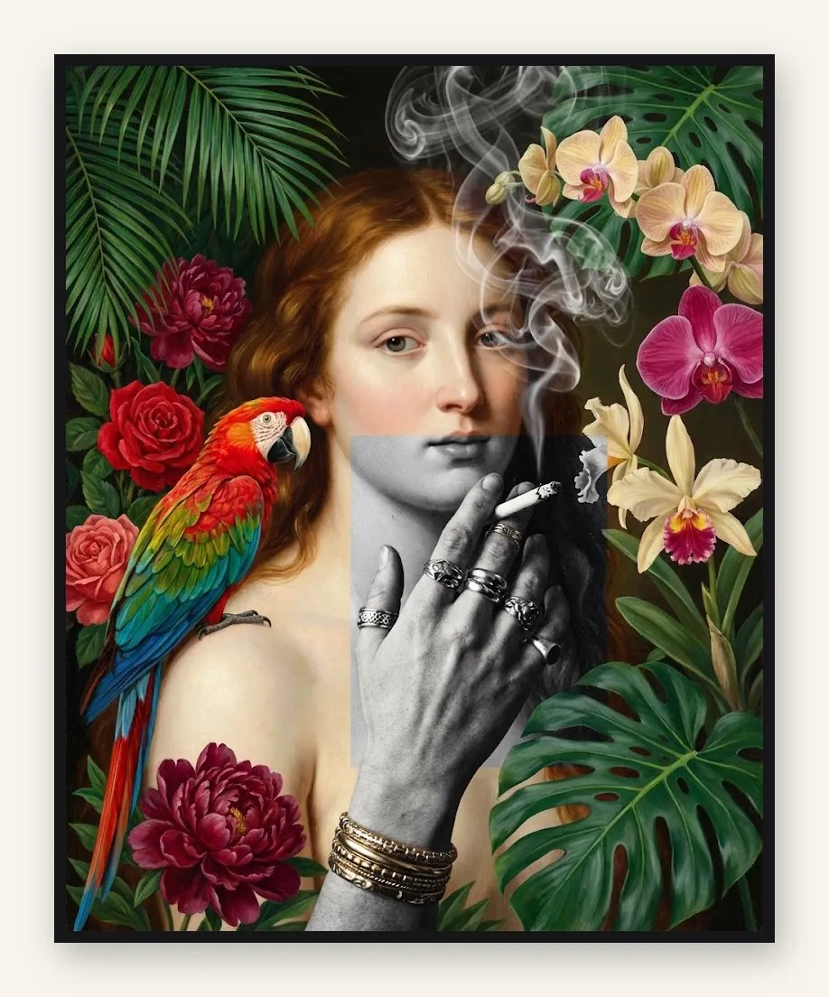 Smoke & Feathers: Renaissance portrait collaged with a parrot and orchids in an LED slim frame (unlit)