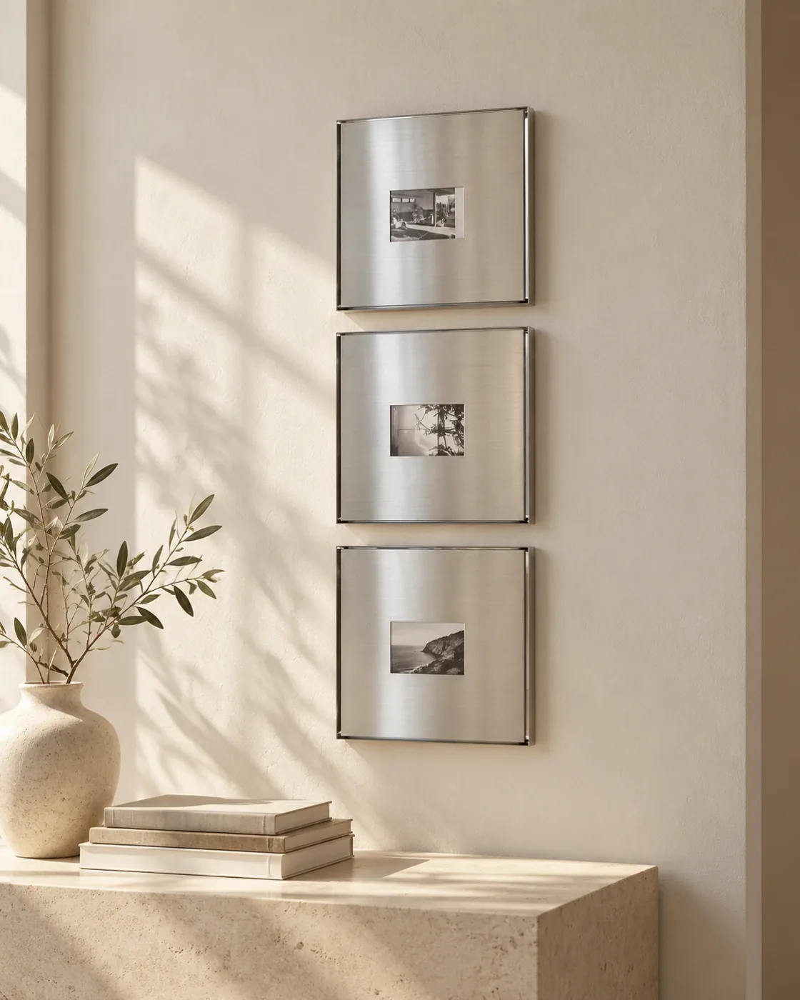 Square Frame: set of three brushed-silver square frames hung in a vertical row, small prints floating in wide mounts