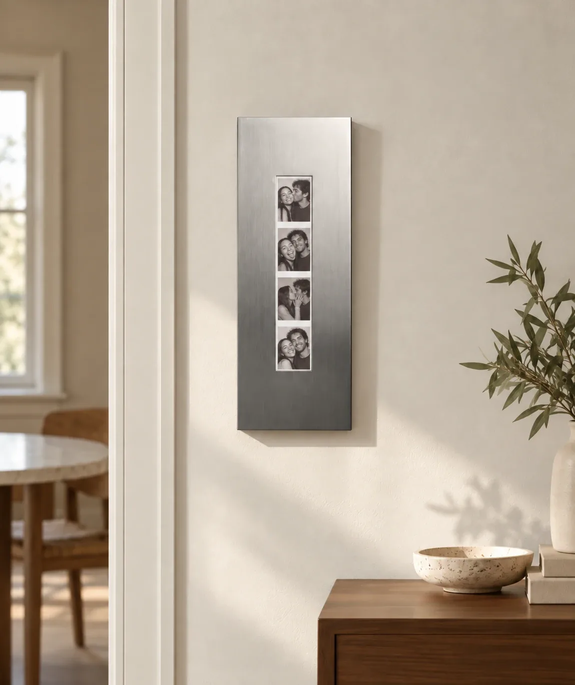 Strip Frame: tall brushed-steel frame holding a four-photo photobooth strip