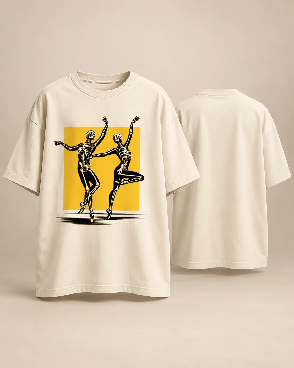 Danse Macabre Tee: off-white oversized T-shirt, front and back (print on the front)
