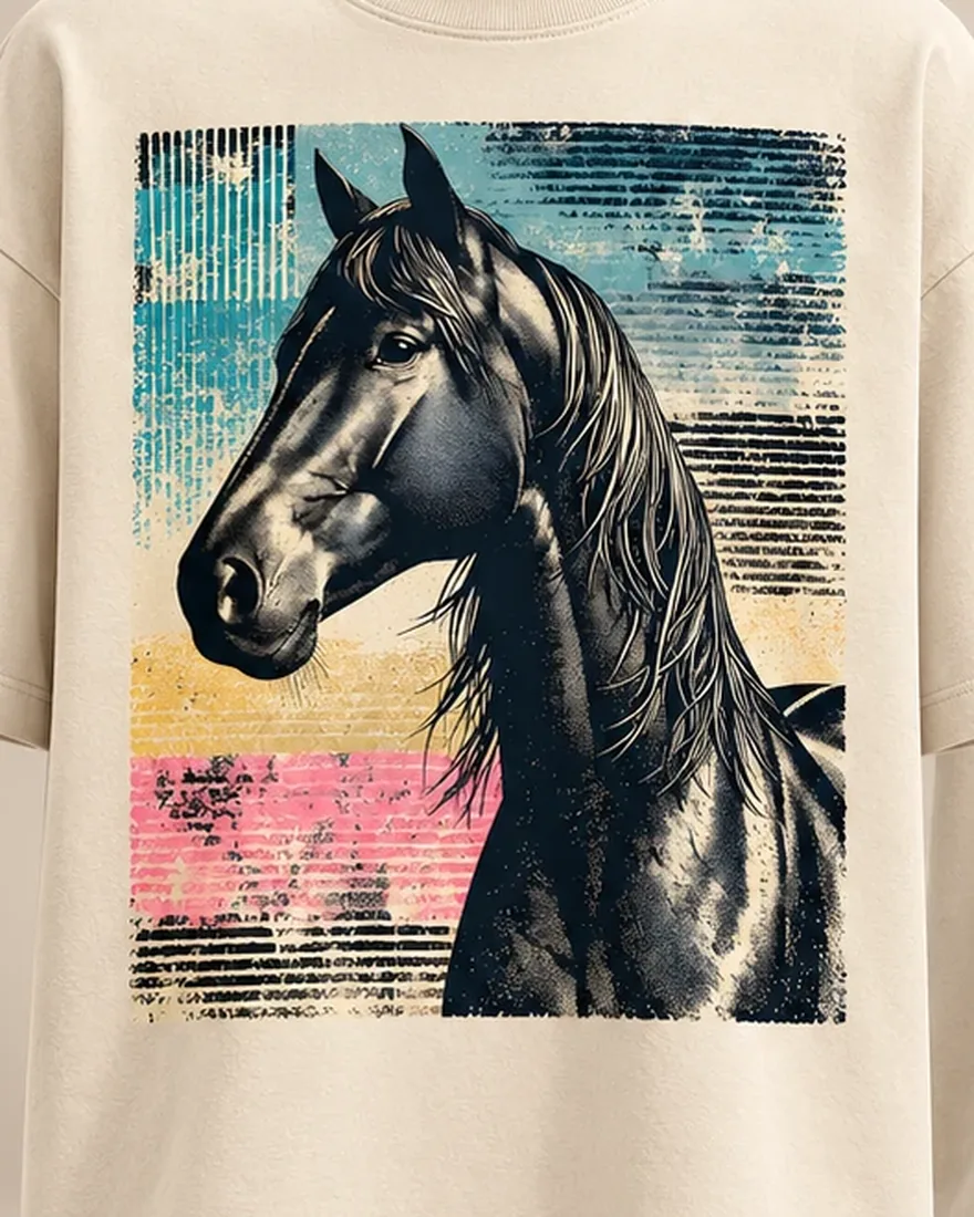 Halftone Horse Tee: close-up of the print on the front of the T-shirt