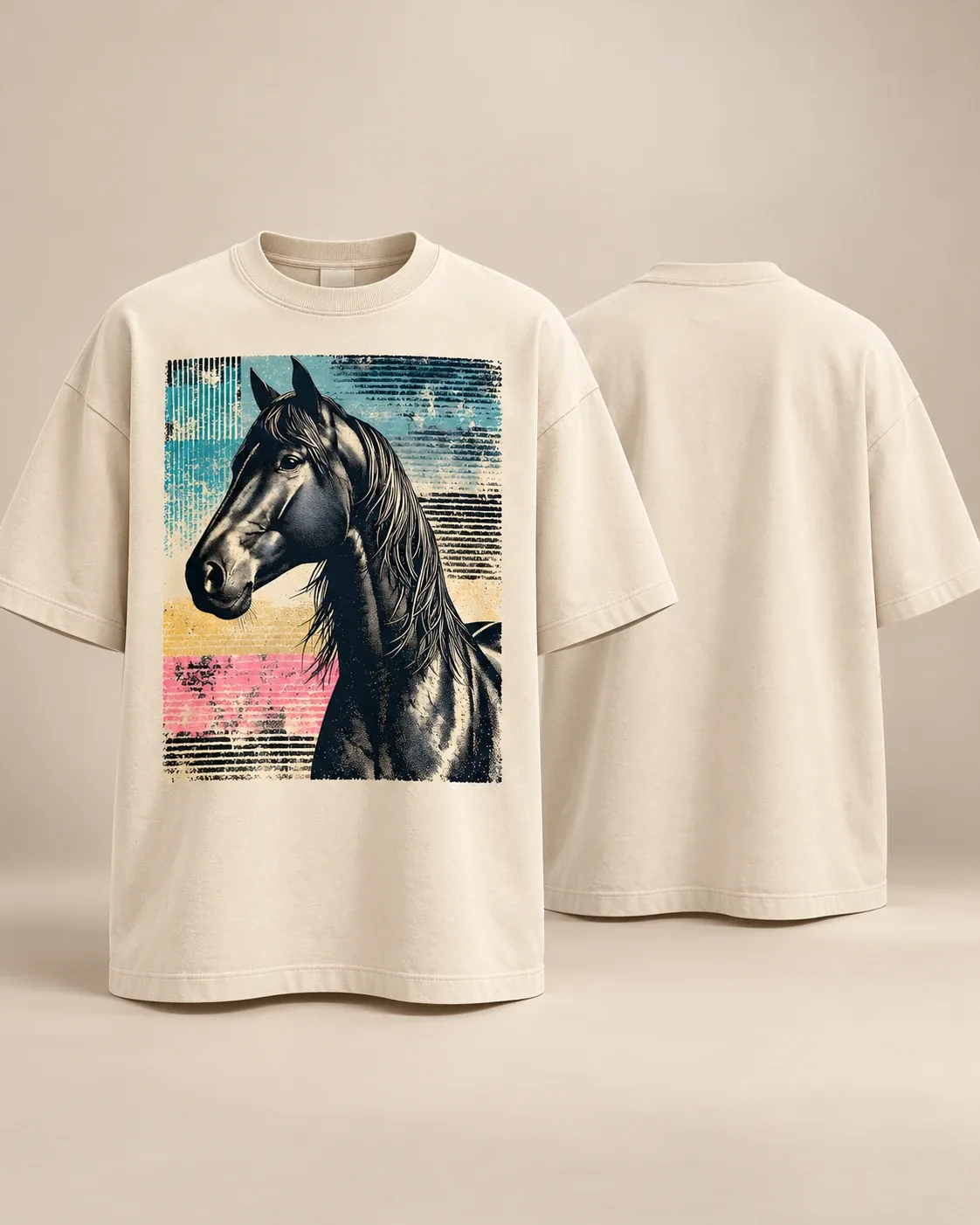 Halftone Horse Tee: off-white oversized T-shirt, front and back (print on the front)