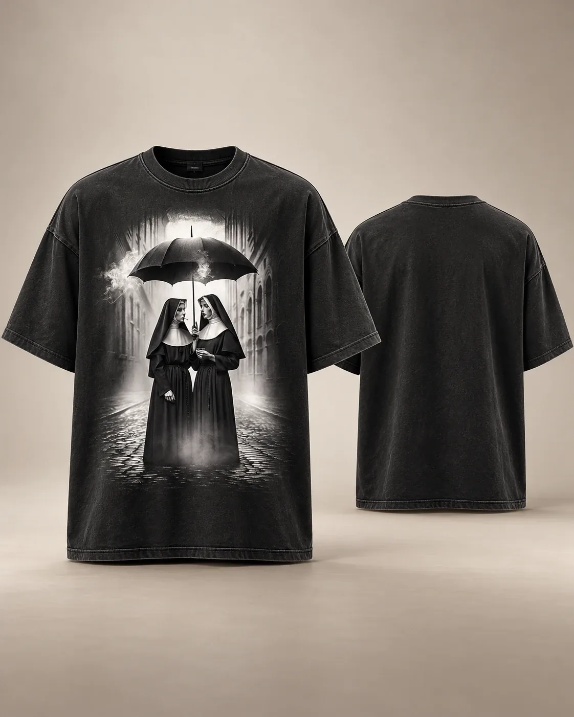 Sisters Tee: black oversized T-shirt, front and back (print on the front)