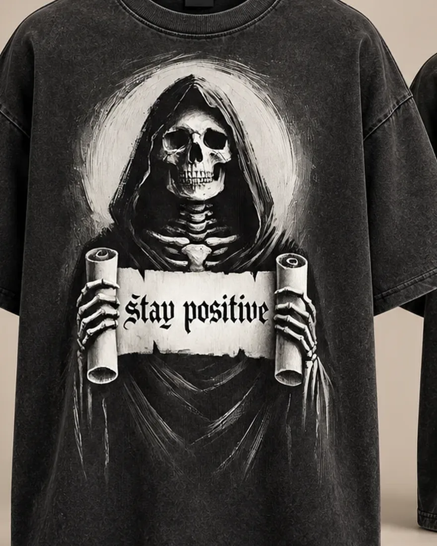 Stay Positive Tee: close-up of the print on the front of the T-shirt
