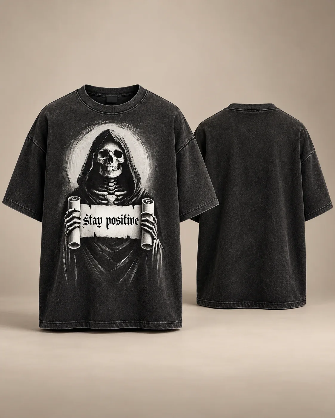 Stay Positive Tee: black oversized T-shirt, front and back (print on the front)
