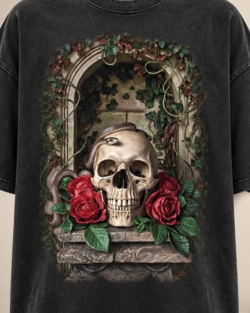 Memento Mori Tee: close-up of the print on the front of the T-shirt