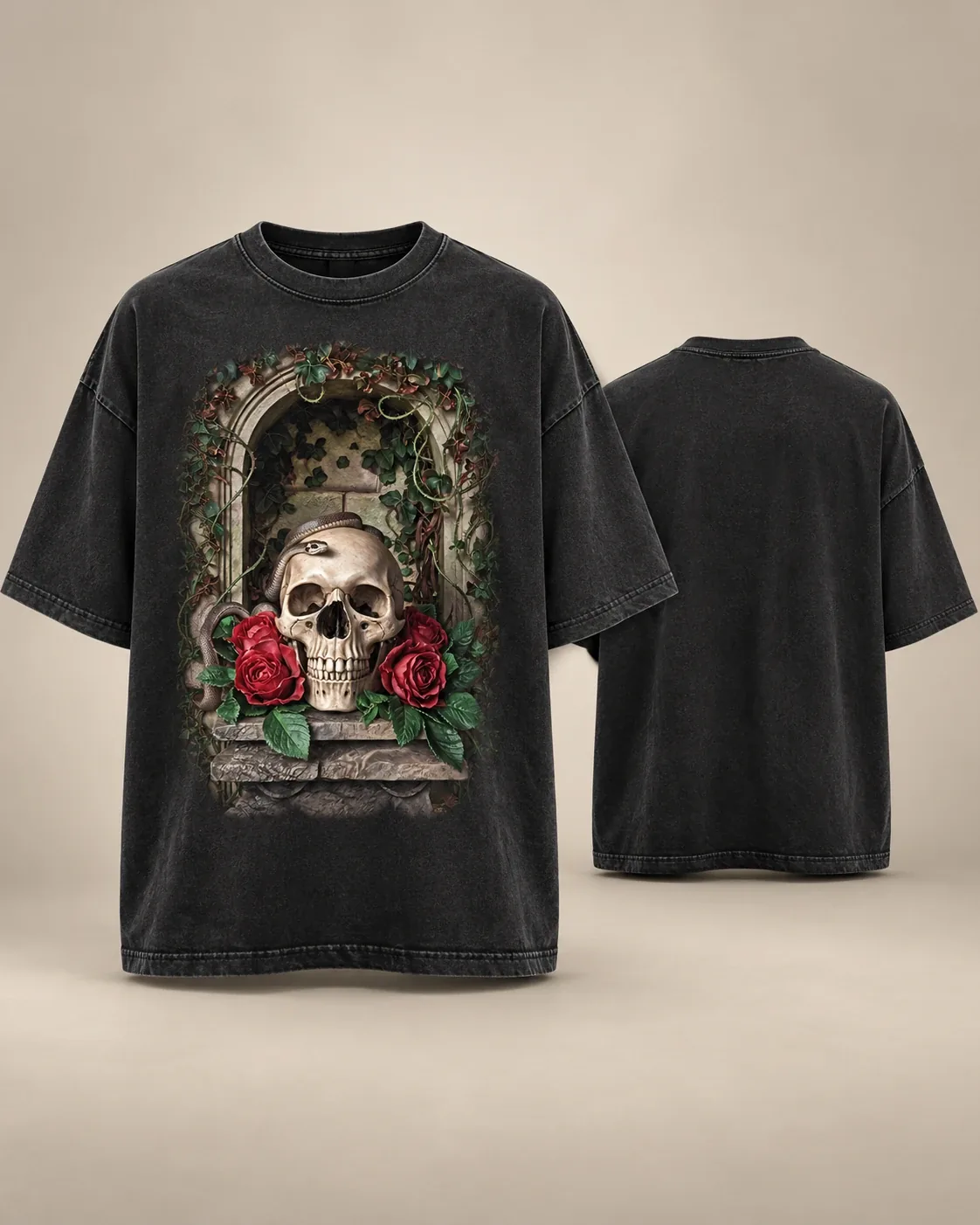 Memento Mori Tee: black oversized T-shirt, front and back (print on the front)