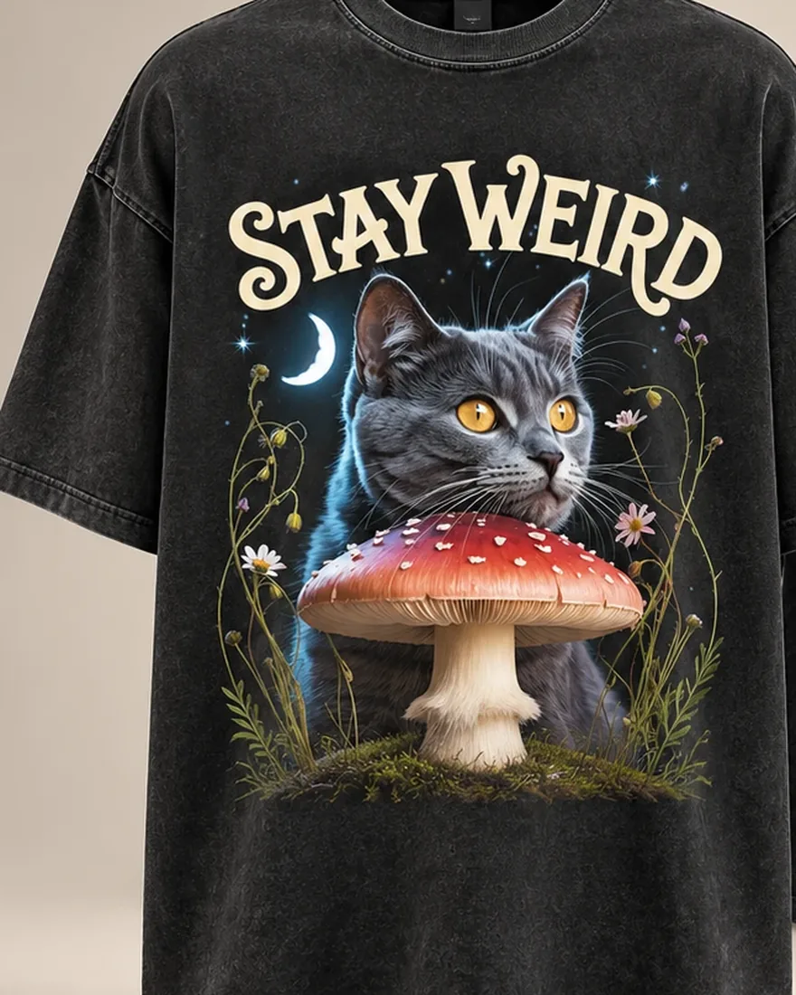 Stay Weird Tee: close-up of the print on the front of the T-shirt