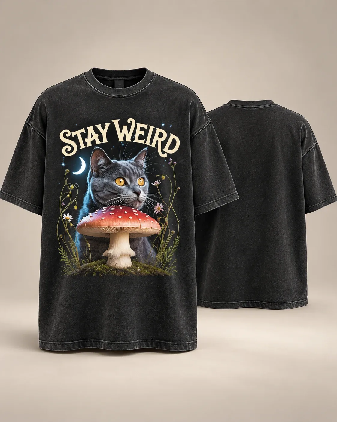 Stay Weird Tee: black oversized T-shirt, front and back (print on the front)