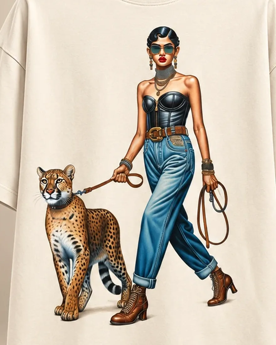 Walking The Cat Tee: close-up of the print on the front of the T-shirt