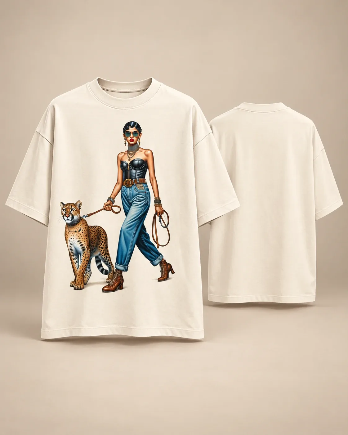 Walking The Cat Tee: off-white oversized T-shirt, front and back (print on the front)